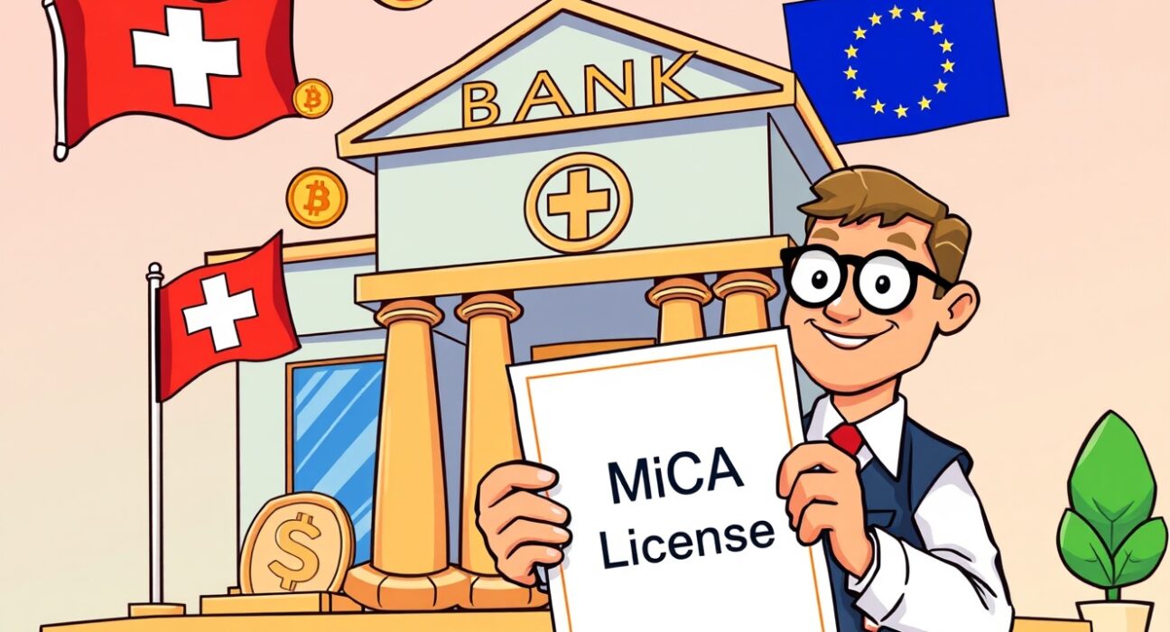 A cartoon illustration of Amina securing a MiCA license, symbolizing a landmark approval for institutional crypto services in the EU.
