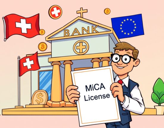 A cartoon illustration of Amina securing a MiCA license, symbolizing a landmark approval for institutional crypto services in the EU.