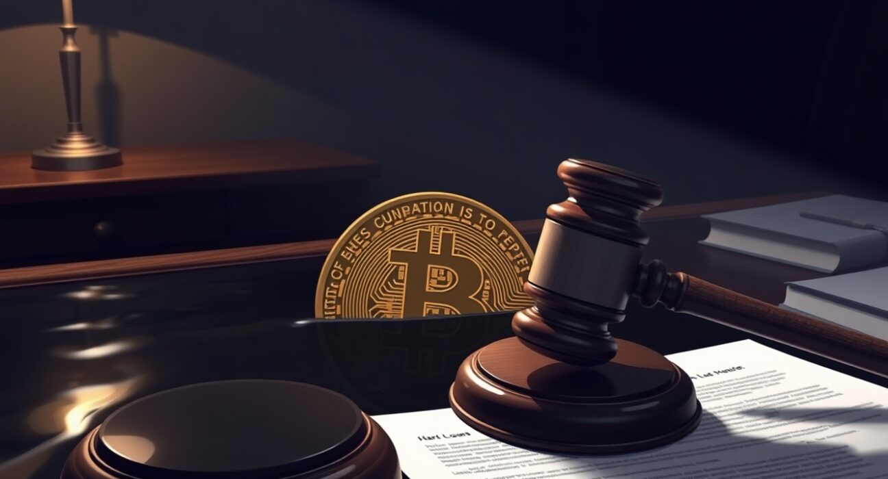 Bitcoin coin submerged in water with a gavel on legal documents, representing AML rules as a crypto regulatory risk.