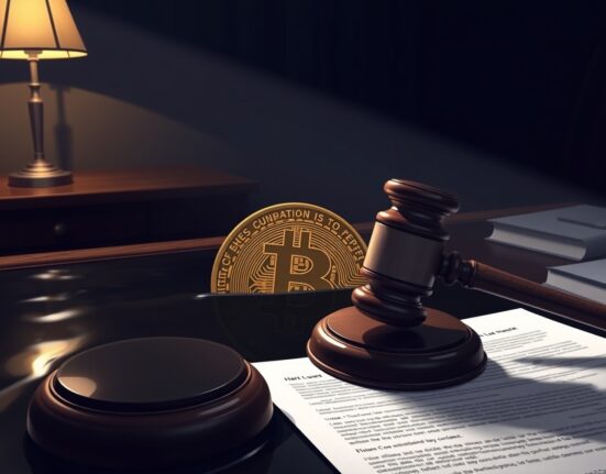 Bitcoin coin submerged in water with a gavel on legal documents, representing AML rules as a crypto regulatory risk.
