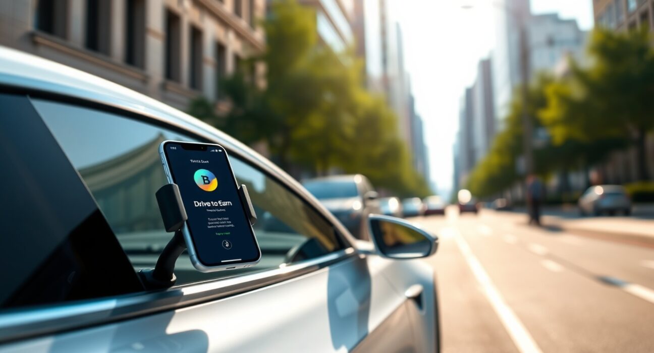 AMO Coin Drive-to-Earn app displayed on a smartphone inside a Tesla vehicle, representing cryptocurrency rewards for driving.