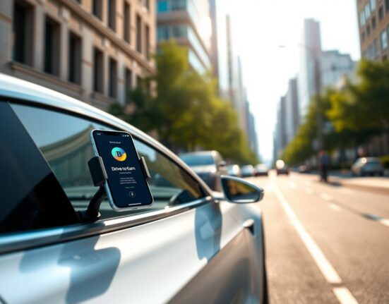 AMO Coin Drive-to-Earn app displayed on a smartphone inside a Tesla vehicle, representing cryptocurrency rewards for driving.