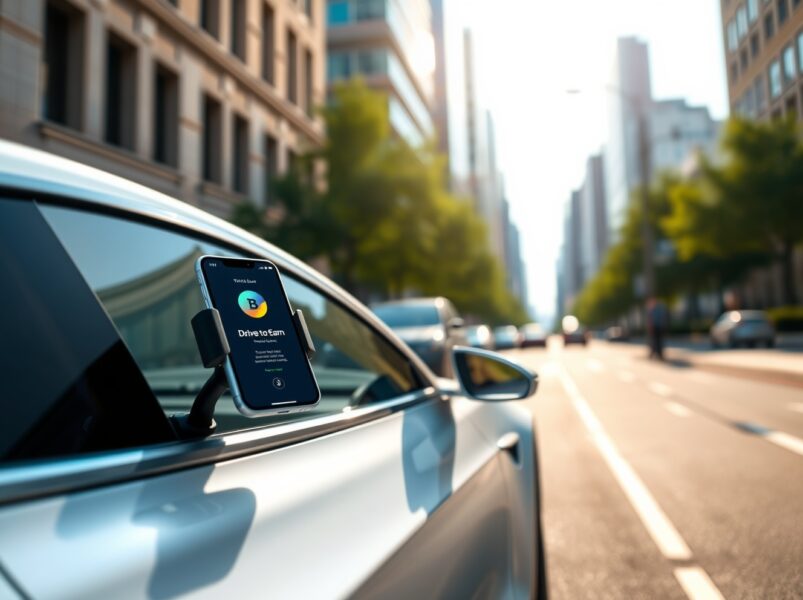 AMO Coin Drive-to-Earn app displayed on a smartphone inside a Tesla vehicle, representing cryptocurrency rewards for driving.