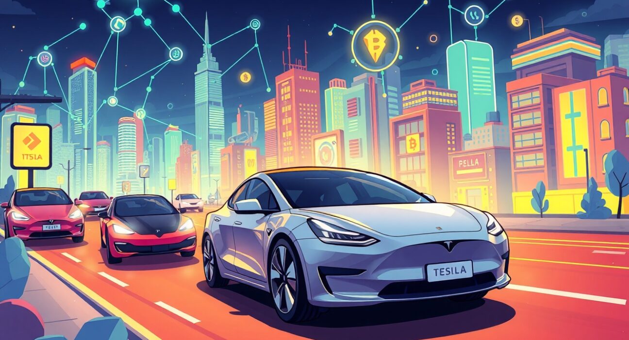 Cartoon illustration of AMO Labs strategic pivot to Tesla FSD data for blockchain mobility.