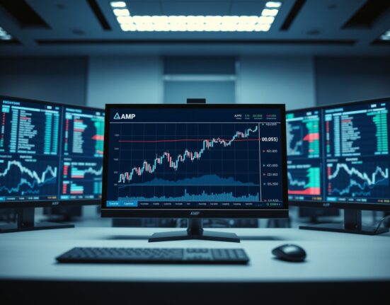 AMP token price chart on a digital trading dashboard with an upward trend toward $0.050
