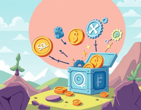 A vibrant cartoon showing SOL and XRP flowing into an investment fund, symbolizing income generation from SOL and XRP option income ETFs.