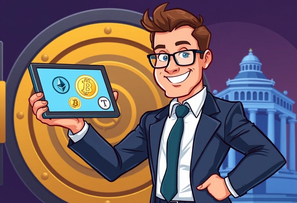 A cartoon executive confidently integrating AMTD Group cryptocurrencies like Bitcoin and Ethereum into a large financial portfolio.