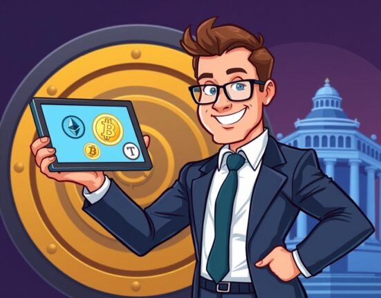 A cartoon executive confidently integrating AMTD Group cryptocurrencies like Bitcoin and Ethereum into a large financial portfolio.