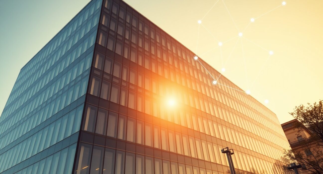 Modern financial office building with digital blockchain overlay representing Amundi's UCITS fund on Solana