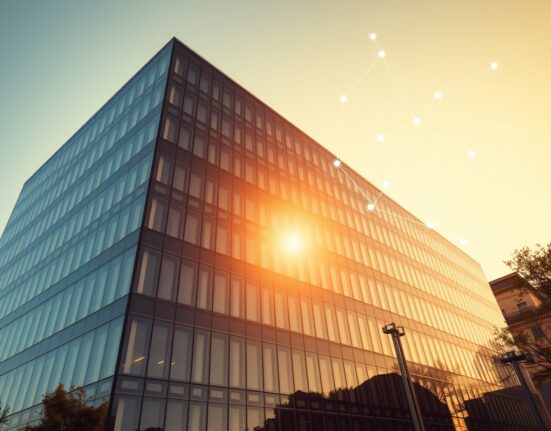 Modern financial office building with digital blockchain overlay representing Amundi's UCITS fund on Solana