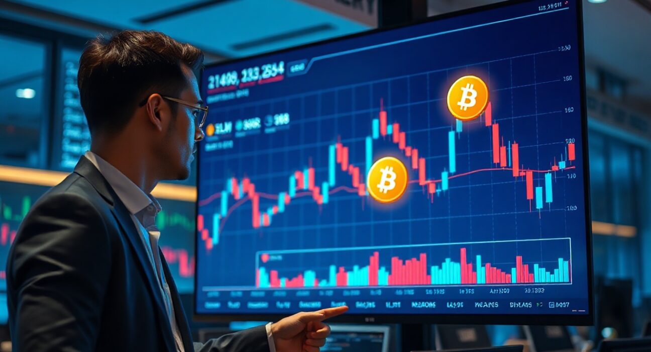 Analyst pointing at a screen showing altcoin and Bitcoin charts in a modern trading office