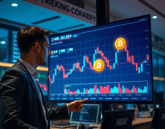 Analyst pointing at a screen showing altcoin and Bitcoin charts in a modern trading office