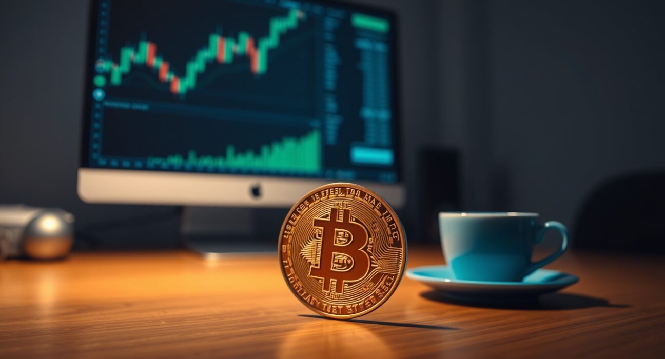 Bitcoin coin on a desk with a blurred monitor showing charts in the background