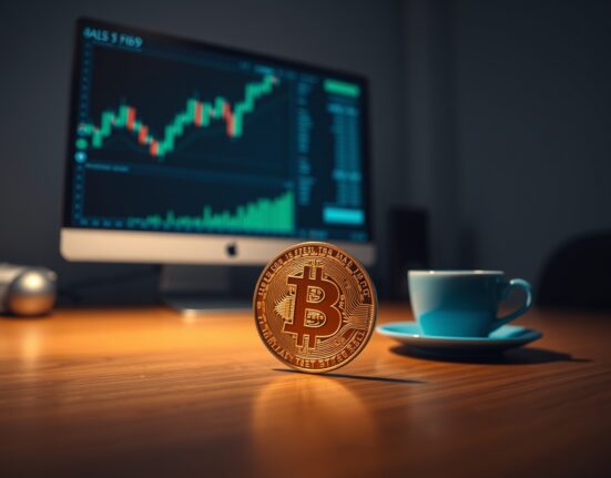 Bitcoin coin on a desk with a blurred monitor showing charts in the background