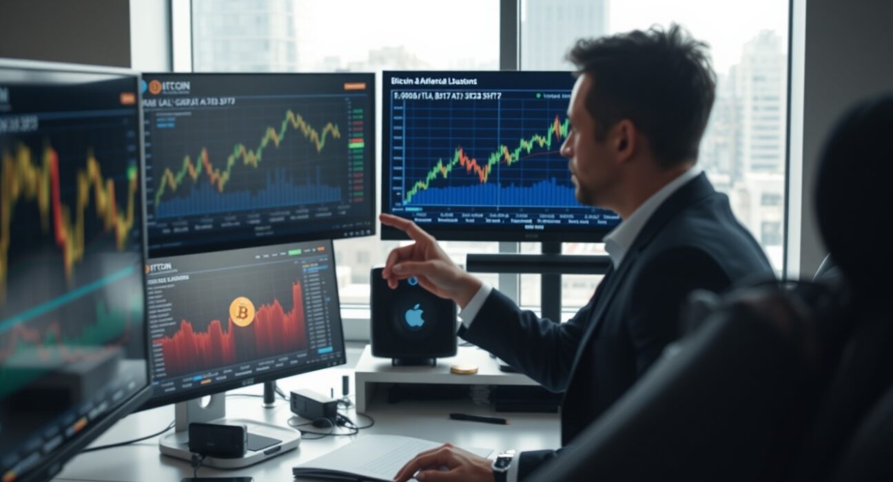 Financial analyst at trading desk with Bitcoin and AI stock charts on monitors