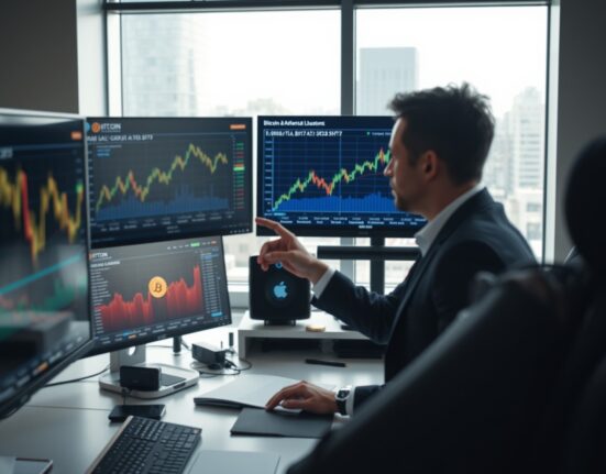 Financial analyst at trading desk with Bitcoin and AI stock charts on monitors