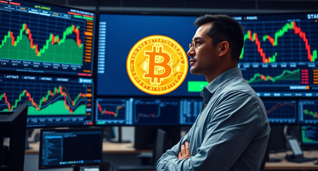 Financial analyst reviewing Bitcoin price charts on multiple monitors in a newsroom setting