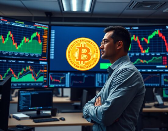 Financial analyst reviewing Bitcoin price charts on multiple monitors in a newsroom setting