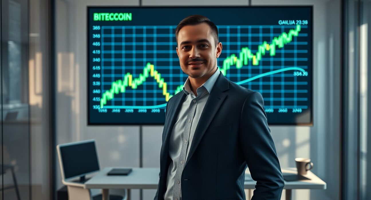 Financial analyst standing before a display showing Bitcoin price chart with bullish indicators
