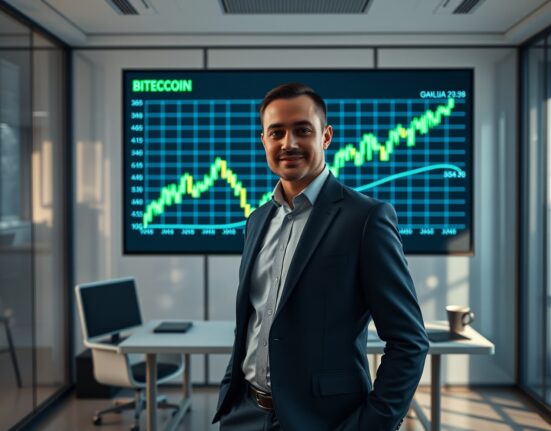 Financial analyst standing before a display showing Bitcoin price chart with bullish indicators
