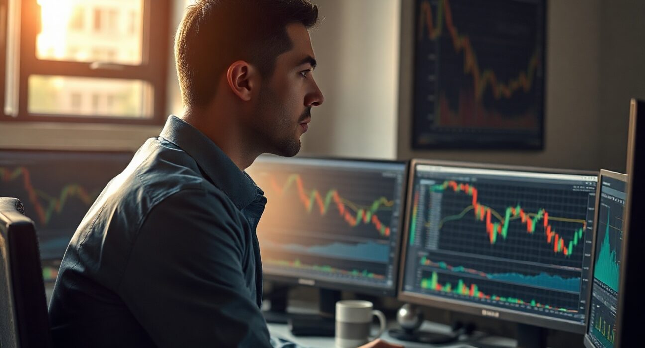 Financial analyst monitoring stock and crypto charts with downward trends in a modern office