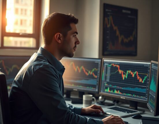Financial analyst monitoring stock and crypto charts with downward trends in a modern office