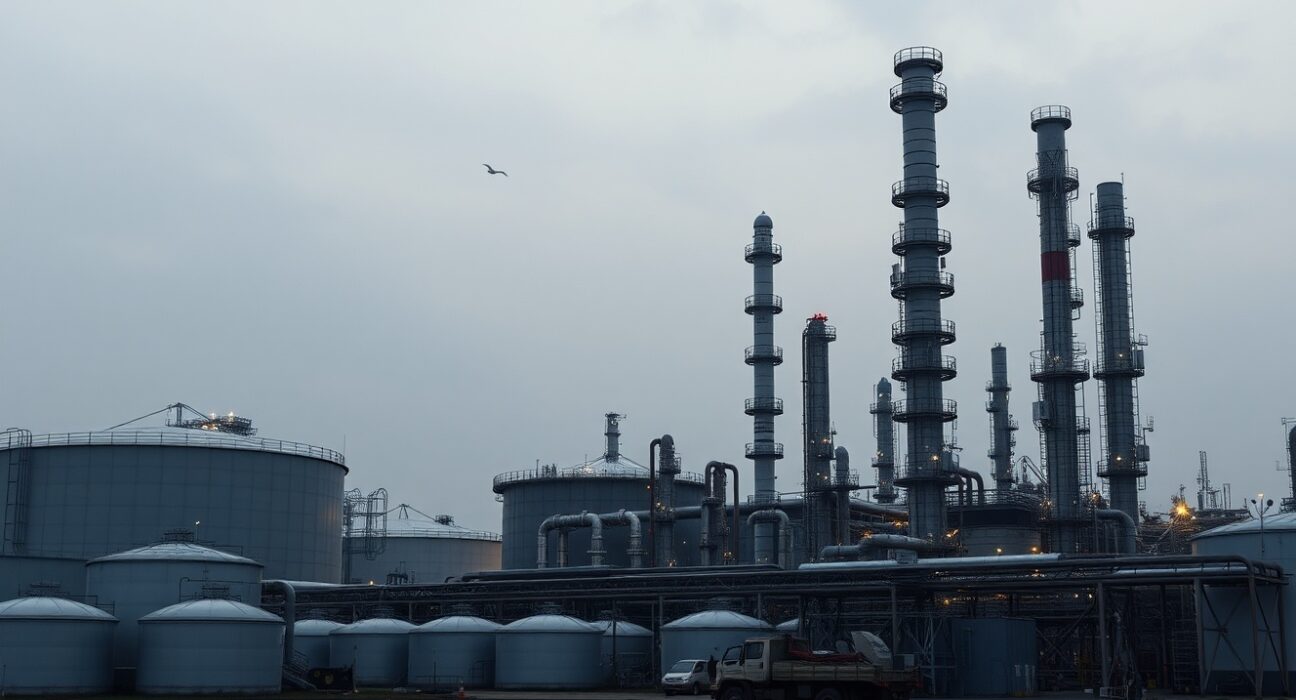 Oil refinery at dusk with storage tanks and distillation towers under overcast sky