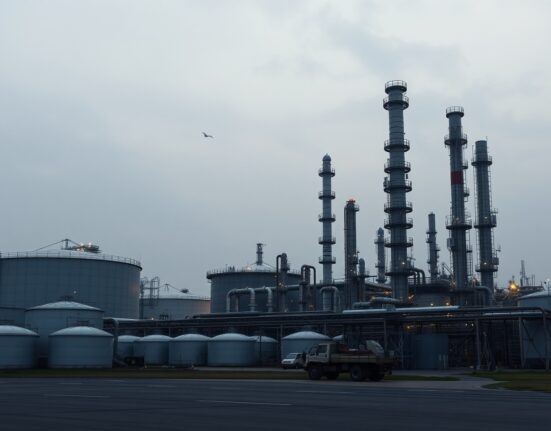 Oil refinery at dusk with storage tanks and distillation towers under overcast sky