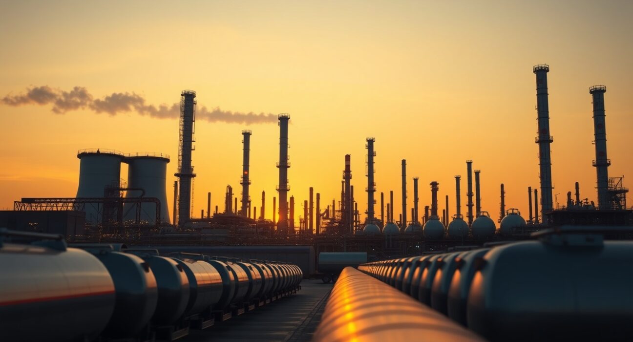 Oil refinery at dusk with tanker trucks in foreground, representing crude oil market analysis