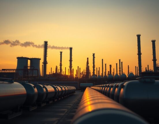 Oil refinery at dusk with tanker trucks in foreground, representing crude oil market analysis
