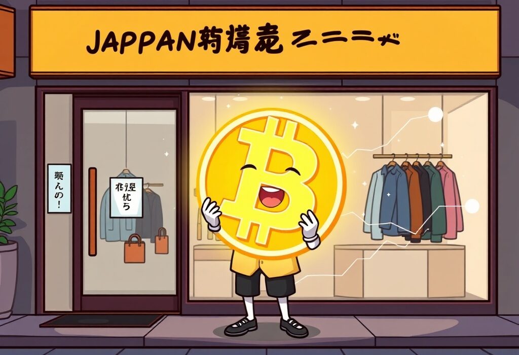 A stylish character representing ANAP Holdings confidently embracing a Bitcoin symbol, illustrating a significant Bitcoin investment by a fashion brand.