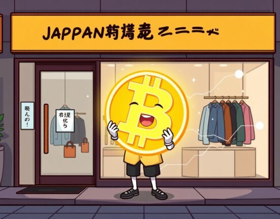 A stylish character representing ANAP Holdings confidently embracing a Bitcoin symbol, illustrating a significant Bitcoin investment by a fashion brand.
