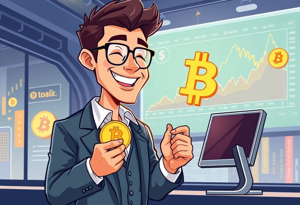 A cartoon illustration showing a Japanese fashion brand executive celebrating a significant ANAP Bitcoin purchase, symbolizing growing corporate Bitcoin adoption.