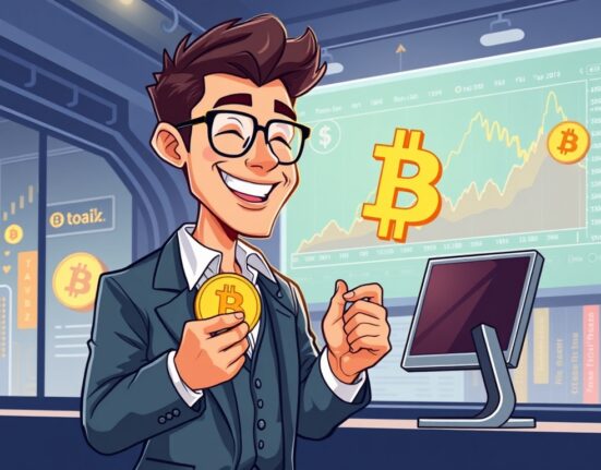 A cartoon illustration showing a Japanese fashion brand executive celebrating a significant ANAP Bitcoin purchase, symbolizing growing corporate Bitcoin adoption.