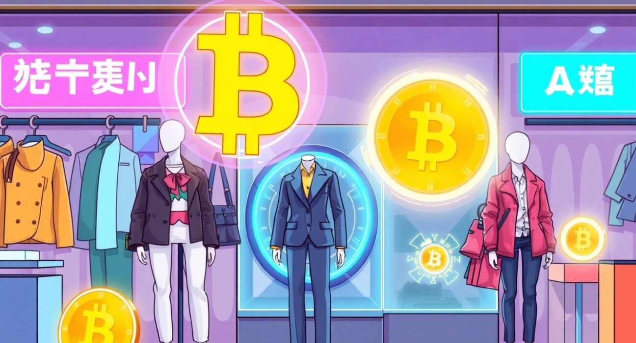 A vibrant cartoon illustration of a fashion company's strategic Bitcoin treasury growth.