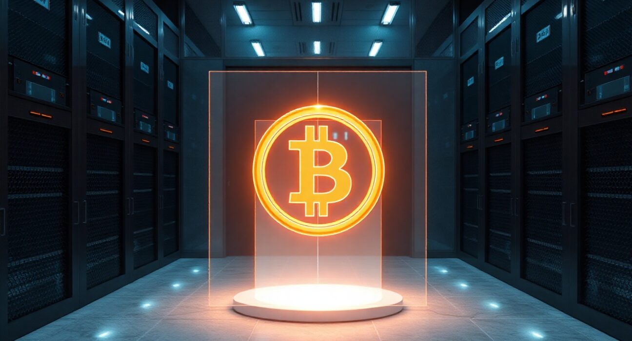 Digital stablecoin hologram in a high-tech financial data center vault