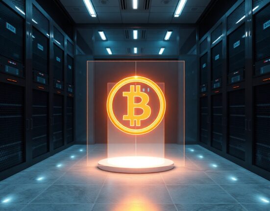 Digital stablecoin hologram in a high-tech financial data center vault