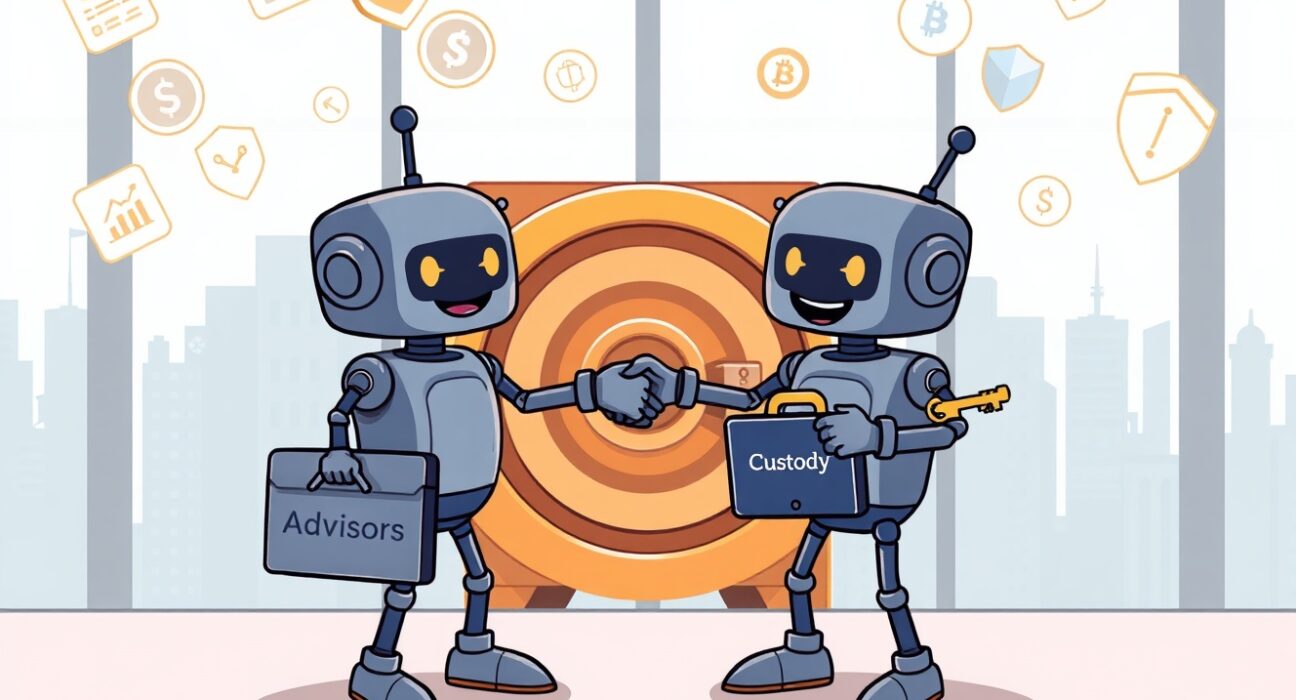 Strategic merger for enhanced digital asset services, illustrated as a secure handshake between custody and advisory.