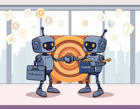 Strategic merger for enhanced digital asset services, illustrated as a secure handshake between custody and advisory.
