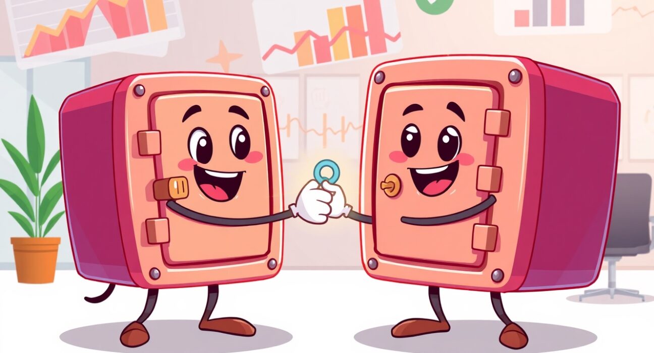 Strategic cartoon illustration of Anchorage Digital acquiring Securitize's platform for institutional crypto asset management.