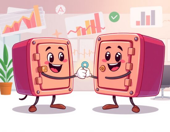 Strategic cartoon illustration of Anchorage Digital acquiring Securitize's platform for institutional crypto asset management.