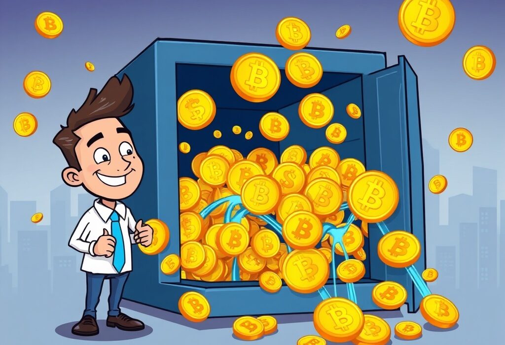 A cartoon illustration showing a large influx of Bitcoin into a digital bank, symbolizing Anchorage Digital's significant Bitcoin acquisition.