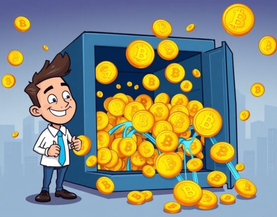 A cartoon illustration showing a large influx of Bitcoin into a digital bank, symbolizing Anchorage Digital's significant Bitcoin acquisition.