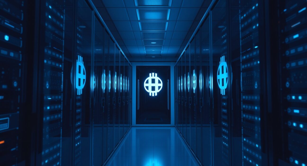Interior of a modern data center with blue lighting and server racks, representing institutional cryptocurrency custody.