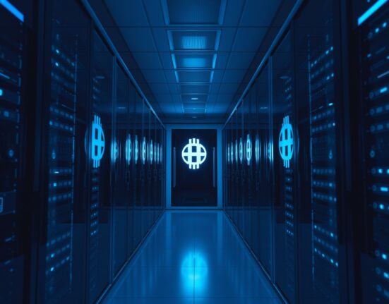 Interior of a modern data center with blue lighting and server racks, representing institutional cryptocurrency custody.