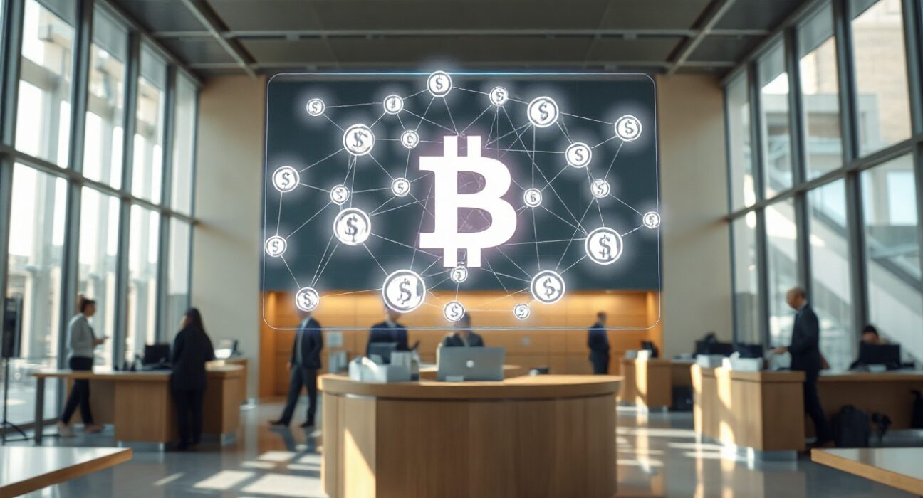Anchorage Digital deposit token platform interface displayed in a modern bank lobby