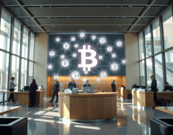 Anchorage Digital deposit token platform interface displayed in a modern bank lobby