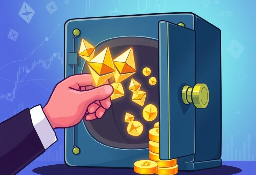 A vibrant cartoon illustrating Anchorage Digital's significant ETH unstake, showing digital currency flowing from a vault into a large hand, symbolizing institutional crypto movements.
