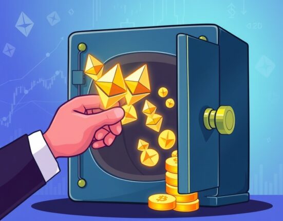 A vibrant cartoon illustrating Anchorage Digital's significant ETH unstake, showing digital currency flowing from a vault into a large hand, symbolizing institutional crypto movements.