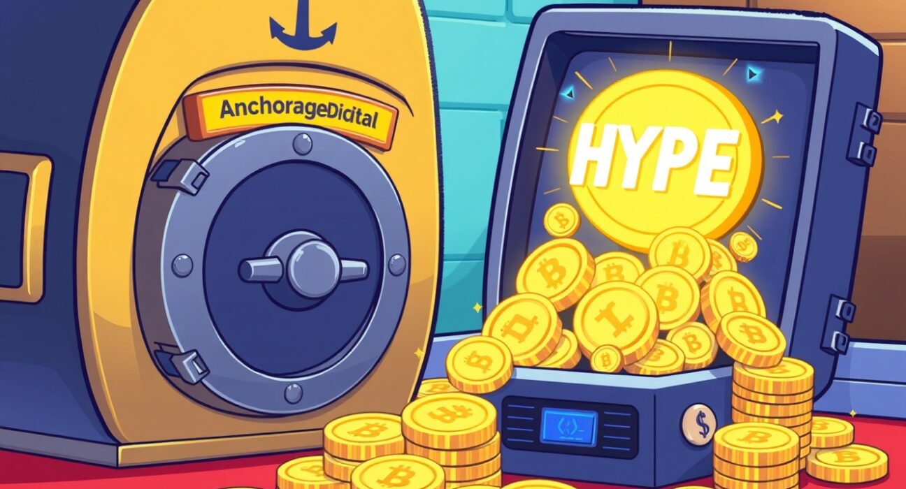 Cartoon illustration of Anchorage Digital securely processing a large HYPE acquisition, symbolizing significant crypto investment.